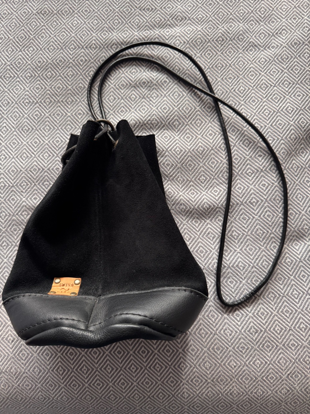Black Suede Drawstring Wristlet Clutch by